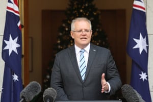 The prime minister, Scott Morrison, at a press conference in the PM’s courtyard of Parliament House, Canberra