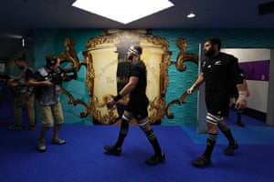Kieran Read (L) and Sam Whitelock of New Zealand take the field.