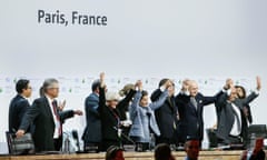 FRANCE-PARIS-COP 21-AGREEMENT-ADOPTED<br>13 Dec 2015 --- (151212) -- PARIS, Dec. 12, 2015 (Xinhua) -- French Foreign Minister and President of the COP21 Laurent Fabius (3rd R), United Nations Secretary-General Ban Ki-moon (4th R), French President Francois Hollande (2nd R) and Christiana Figueres (5th R), executive secretary of the UN Framework Convention on Climate Change (UNFCCC) celebrate the adoption of the agreement during the final conference at the COP21, in Le Bourget, Paris, Dec.12, 2015. The historic Paris agreement on climate change is fina --- Image by © Zhou Lei/Xinhua Press/Corbis
