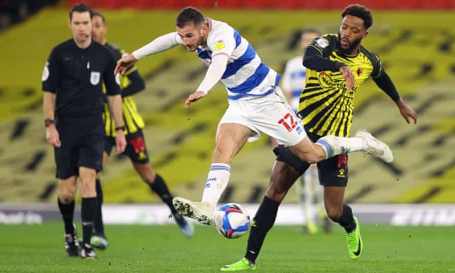 Dominic Ball plays for QPR against Watford in the Championship in February 2021.