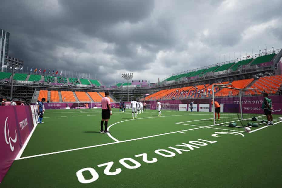 The teams line-up for Japan v France in the 5-a-side football.
