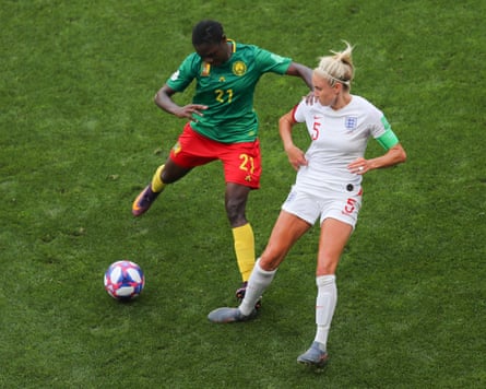 Alexandra Takounda leaves her mark on the England captain Steph Houghton late into the game.