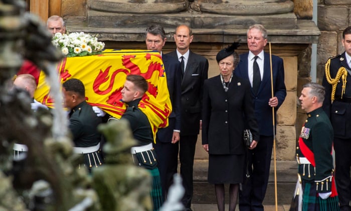Prince Andrew, Prince Edward and Princess Anne are among royals receiving the hearse carrying the coffin of Queen Elizabeth II at the Palace of Holyroodhouse, Edinburgh, on Sunday.