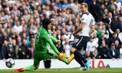 Petr Cech of Arsenal saves a shot from Harry Kane of Tottenham Hotspur.