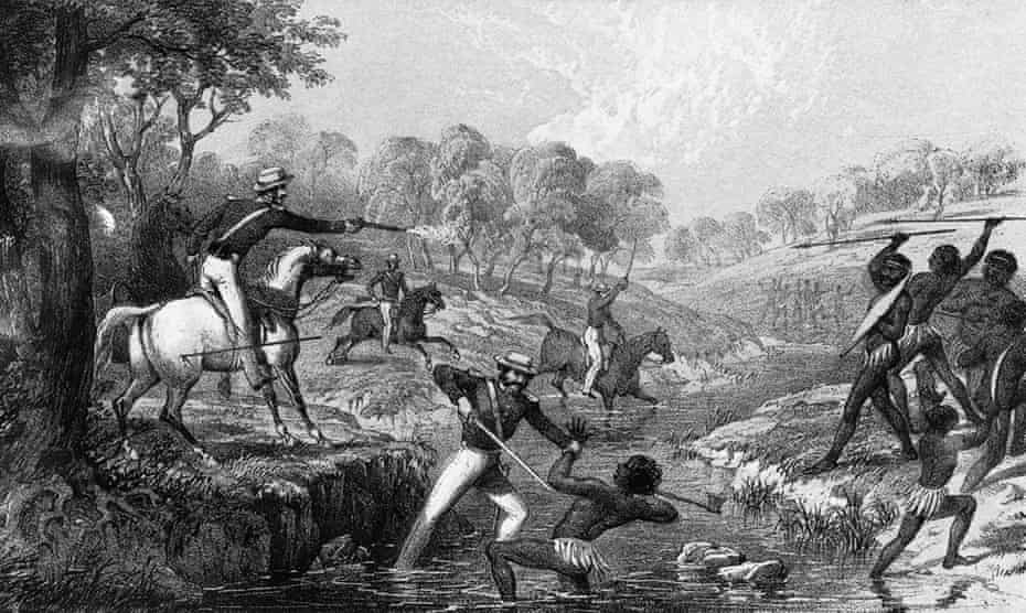 A tinted lithograph depicting the Waterloo Creek massacre by the New South Wales military mounted police.