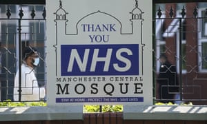 A sign thanking the NHS displayed outside Manchester Central Mosque, as Muslims worldwide mark the start of Eid al-Adha.