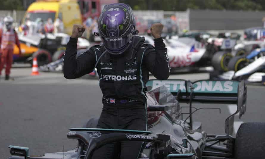 Lewis Hamilton shows his delight after victory in Spain