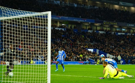 Trevoh Chalobah of Chelsea clears a shot by Brighton’s Jack Hinshelwood off the line after an error from goalkeeper Robert Sánchez.
