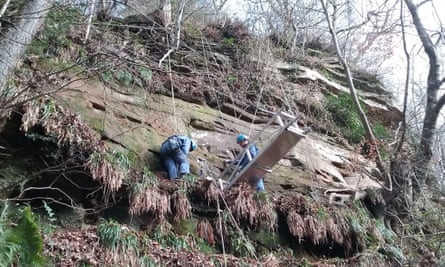 Archaeologists use ropes and pulleys to access the inscriptions at the site near Brampton.