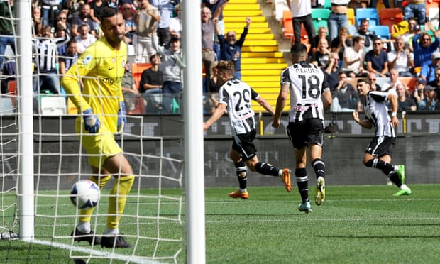 Jaka Bijol wheels away after giving his Udinese side a 2-1 lead over Internazionale