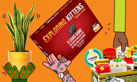 A composite of a plant in a pot, a game of exploding kittens and biscuit hamper all held by illustrated hands and on an orange background