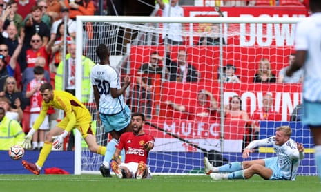 Manchester United's Bruno Fernandes appeals for a foul by Nottingham Forest’s Joe Worrall who is later shown a red card.