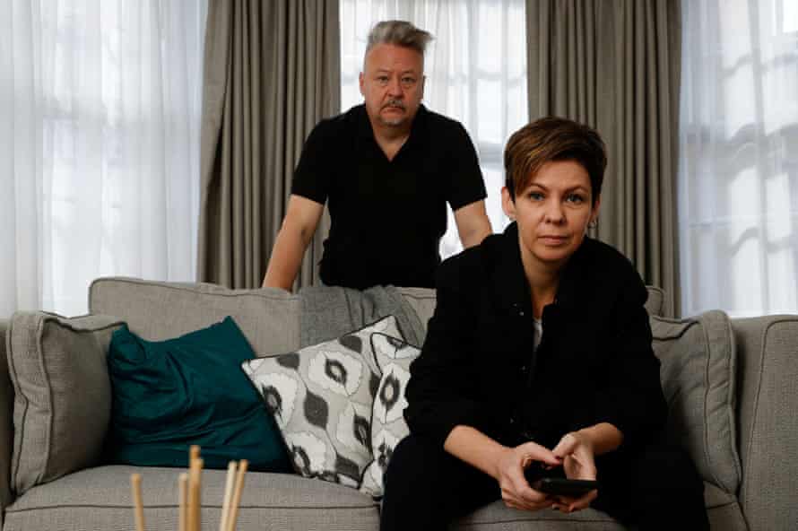 Kaliada and Khalezin of Belarus Free Theatre pose in their apartment in London.