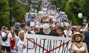Some thousands of people marched across Khabarovsk to protest the arrest of the region’s governor on murder charges, continuing a wave of protests that has lasted for two weeks. Credit: AP Photo/Igor Volkov