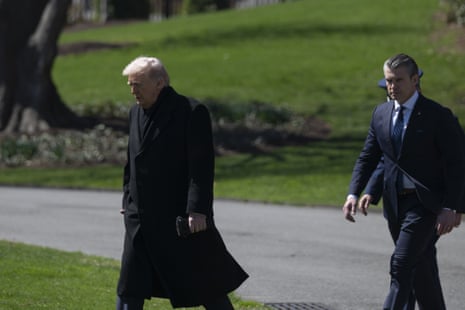 Donald Trump and the US defense secretary, Pete Hegseth, travel to Dover, Delaware, on 18 March 2026.