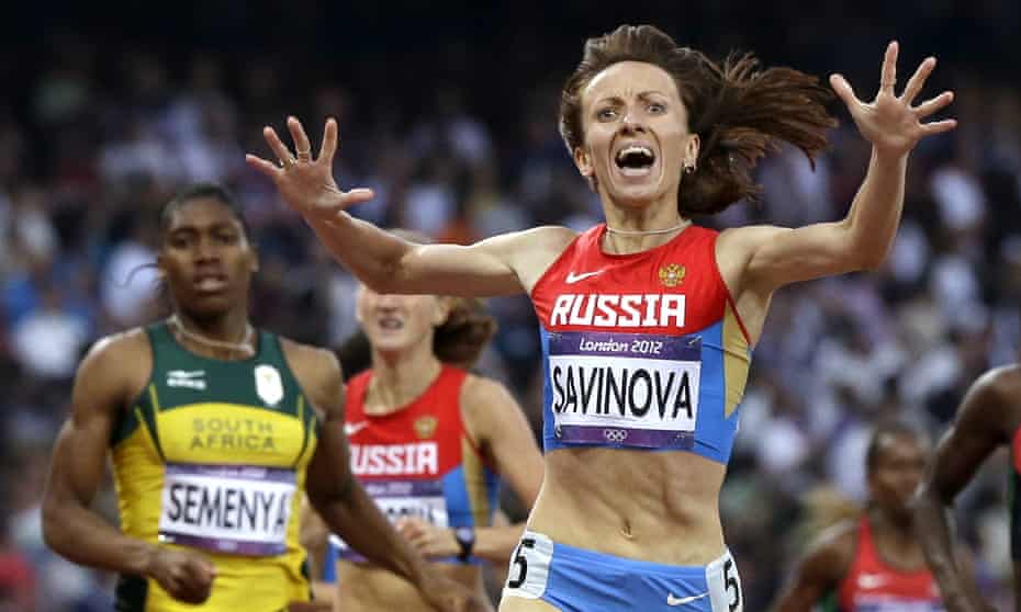 Mariya Savinova-Farnosova reacts after winning the 800m final at London 2012, with Caster Semenya coming in as runner-up