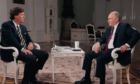 Russian president Vladimir Putin speaks to former Fox News host Tucker Carlson in Moscow.