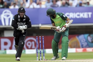 Latham celebrates as Amla is bowled by Santner for 55.