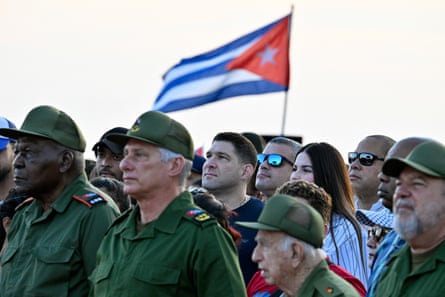 Cuba’s National Assembly president, Esteban Lazo Hernández, Cuba’s president, Miguel Díaz-Canel, commander José Ramón Machado Ventura, prime minister Manuel Marrero Cruz), and, centre back, Raúl Guillermo Rodríguez Castro.