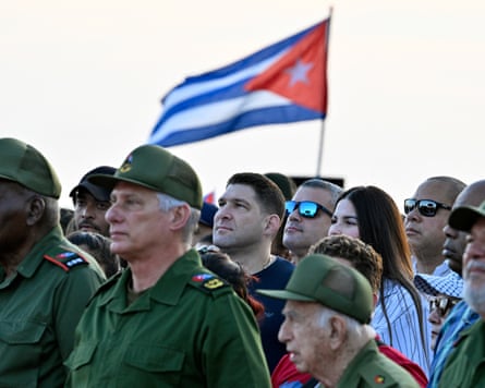 Cuba’s president, Miguel Díaz-Canel (2nd L), accompanied by Cuba’s National Assembly president, Esteban Lazo Hernández (L), commander José Ramón Machado Ventura (2nd R), prime minister Manuel Marrero Cruz (R), and Raúl Guillermo Rodríguez Castro (C-back).