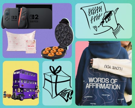 A playstation console, a mini donut maker, a kitsch pillowcase, a Harry Potter lego set, and two people in sweatshirts in an illustration for a holiday gift guide