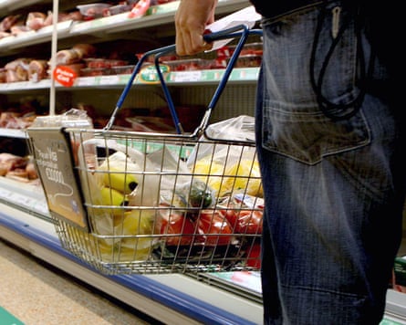 Person holding a shopping basket in a supermarket