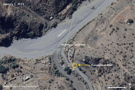 A satellite image shows what appears to be a mine-resistant ambush protected vehicle at one of the Saudi border guard posts north of the trail from Al Thabit camp in Yemen