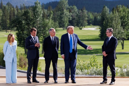 Macron (second left) at G7 with – from left to right – Italian prime minister Giorgia Meloni, Canadian prime minister Mark Carney, US president Donald Trump and UK prime minister Keir Starmer.