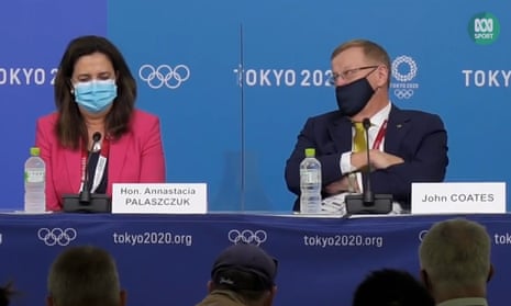 In an awkward exchange during a press conference hours after Brisbane won the right to host the 2032 Olympics, the head of the Australian Olympic Committee John Coates appears to order the Queensland premier to attend the Tokyo 2020 Olympic Games opening ceremony. Palaszczuk had previously said she would not attend the ceremony, in the face of growing domestic concern about her international trip. ‘You are going to the opening ceremony,’ Coates says. ‘I am still the deputy chair of the candidature leadership group [for the 2032 bid] ... None of you are staying behind hiding in your rooms, alright?’