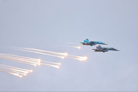 Military jets fly during Russia-Belarus military drills at the Ruzhansky training ground in Belarus.