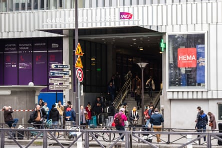 The SNCF train station Gare Montparnasse entrance, as people take the last trains out of Paris