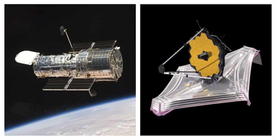 The Hubble space telescope orbiting the Earth (left) and an illustration of the James Webb space telescope, which is 100 times more powerful.