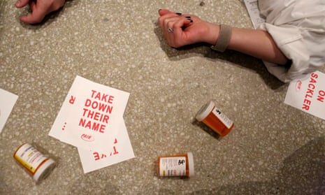 Protesters led by Nan Goldin staged a “die-in” in the Guggenheim Museum, protesting the Sackler family involvement with the production of OxyContin