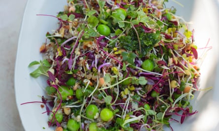 Quinoa with peas and sprouted seeds.