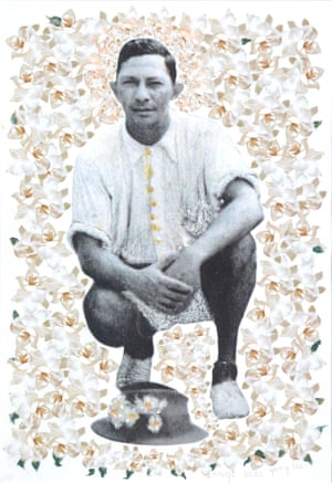 A photographic portrait of Juan (John) Roque Cubillo and his grey felt top hat with gardenias, backgrounded with many gardenias