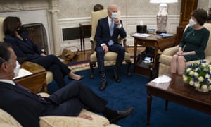 President Joe Biden and Vice-president Kamala Harris meet with Republican lawmakers Mitt Romney and Susan Collins to discuss a coronavirus relief package.