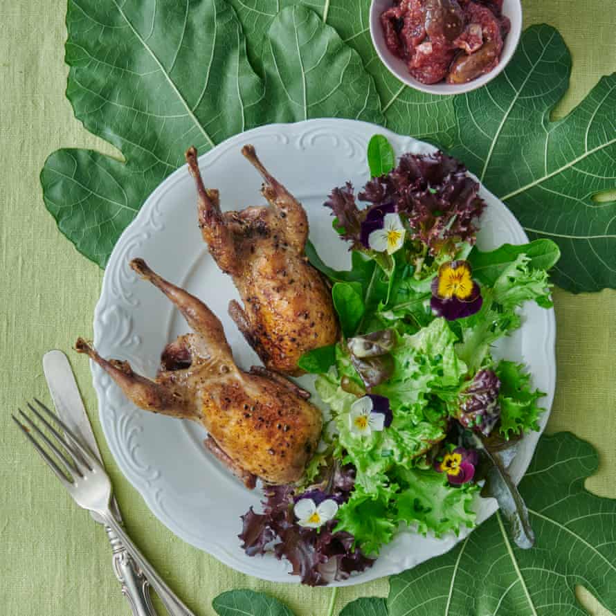 Spice-rubbed roasted quail with fig and rose-petal jam.