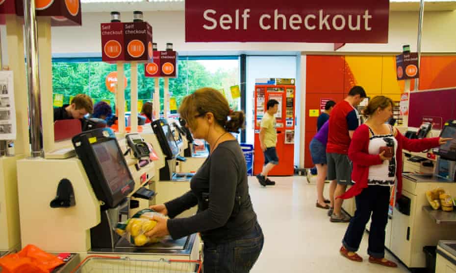 Self-checkout machines in a supermarket