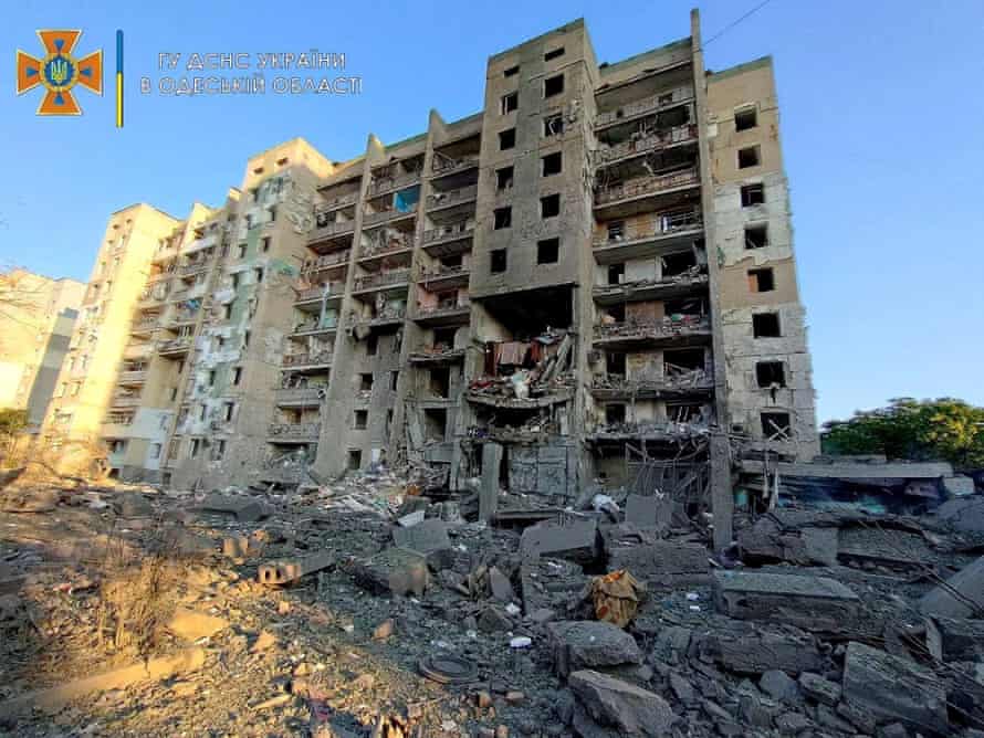 A general view of the aftermath of a missile strike at a location given by Ukrainian authorities as Serhiivka village, Bilhorod-Dnistrovskyi district, Odesa.