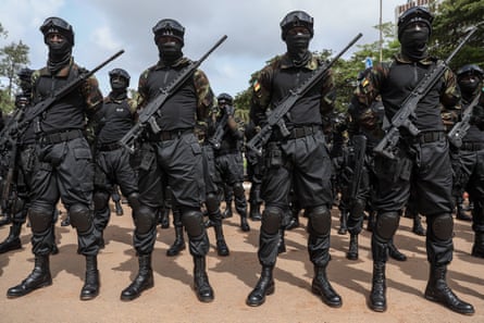 Soldiers of Cameroonian rapid intervention battalion line up