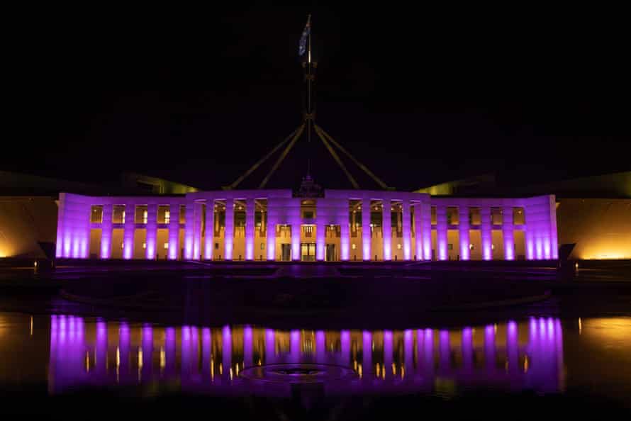 Parliament House in Canberra is illuminated in purple as part of celebrations for the Queen's Platinum Jubilee last night.