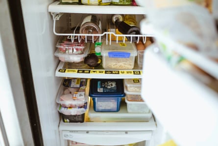 A fridge with a designated Use It Up shelf, marked by tape OzHarvest is making available free of charge in Australia. 
