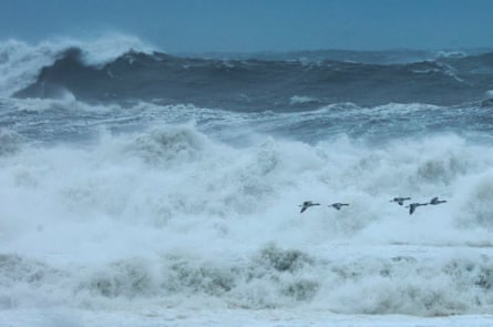 Choppy seas with big waves, with birds flying across the scene. 