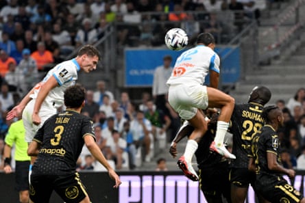 Benjamin Pavard scores Marseille’s second goal in the 4-0 defeat of Lorient.