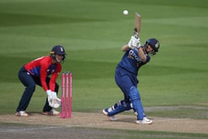 Deepti Sharma of India plays a shot to the boundary.