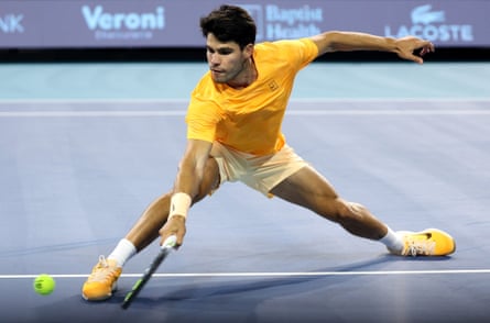 World No 1 Carlos Alcaraz returns a shot against Joao Fonseca at the Miami Open