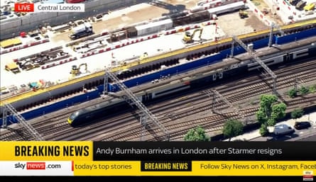 The Sky News helicopter following Andy Burnham’s train as it arrived in London on Monday.