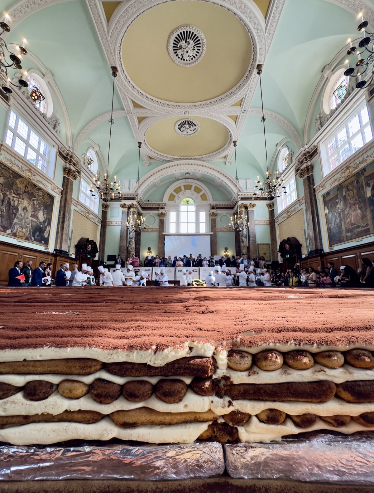The ‘world’s longest’ tiramisu, at Chelsea Old Town Hall, London.