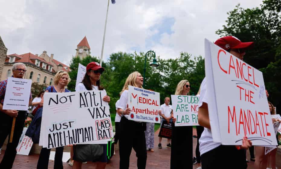 Anti Covid-vaxxers protest at Indiana University in Bloomington, Indiana, on 10 June 2021.