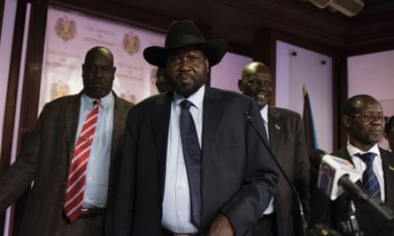 South Sudan’s president Salva Kiir, centre, on Friday.